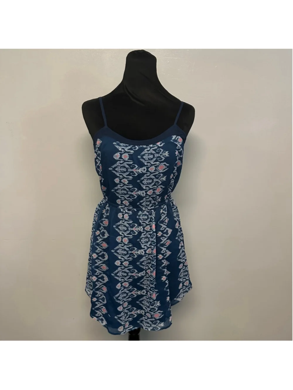 Hollister Blue and White Patterned Mini Dress, Size small boho sheer lined